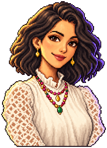Retrato ilustrado em pixel art de Bárbara Dias, de cabelo ondulado escuro, blusa creme e colar colorido.